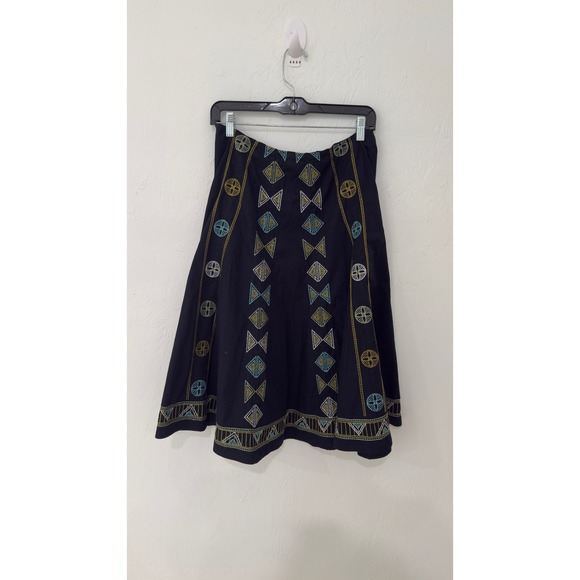 S.L.B. Navy Blue Embroidered Cotton Midi Skirt Geometric Boho Tribal Size 10 - Picture 4 of 7
